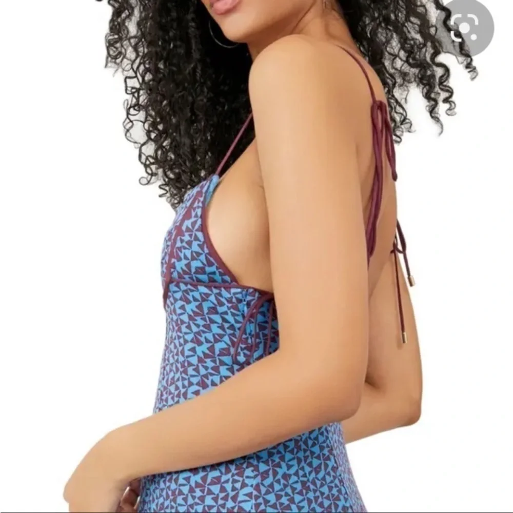 Free People Kai Print Tie Strap Blue and Brown Minidress - Size Medium, NWT